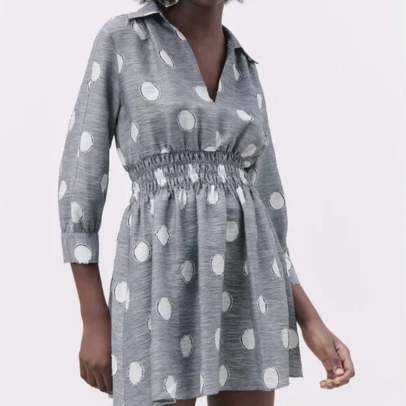 ZARA Gray Polka Dot 3/4 Sleeve Mini Dress | Elastic Waist - Picture 1 of 8